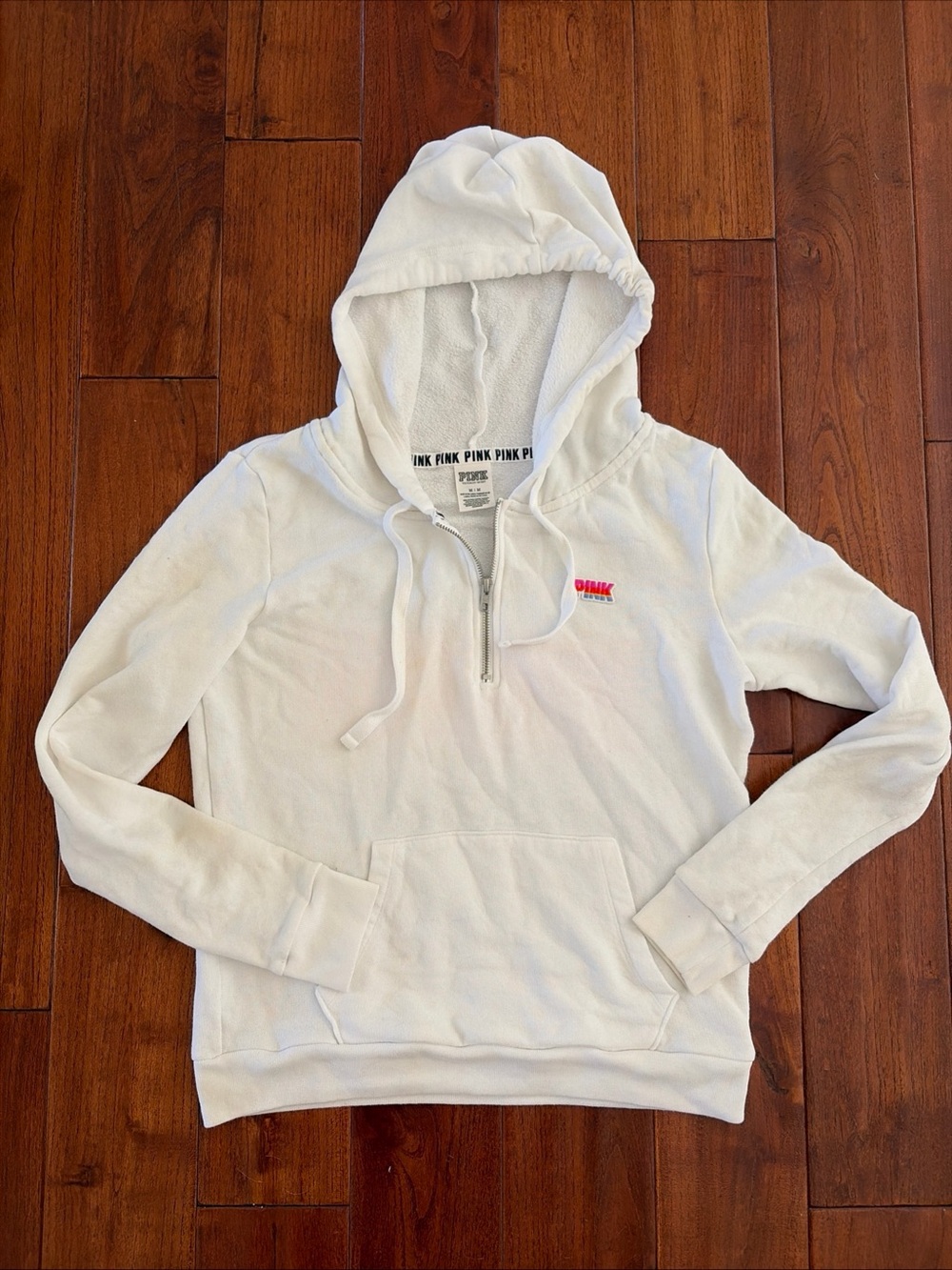 Victorias Secret PINK Sweatshirt Hooded Pullover S Love Pink Logo White 1/4 Zip